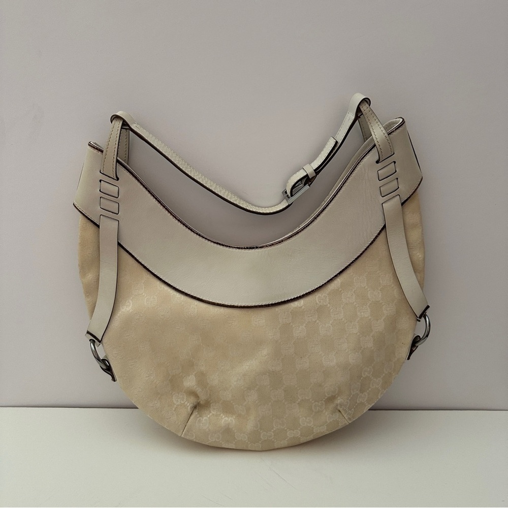 Gucci GG Canvas Cream Hobo Bag with Monogram Print and Leather Trim